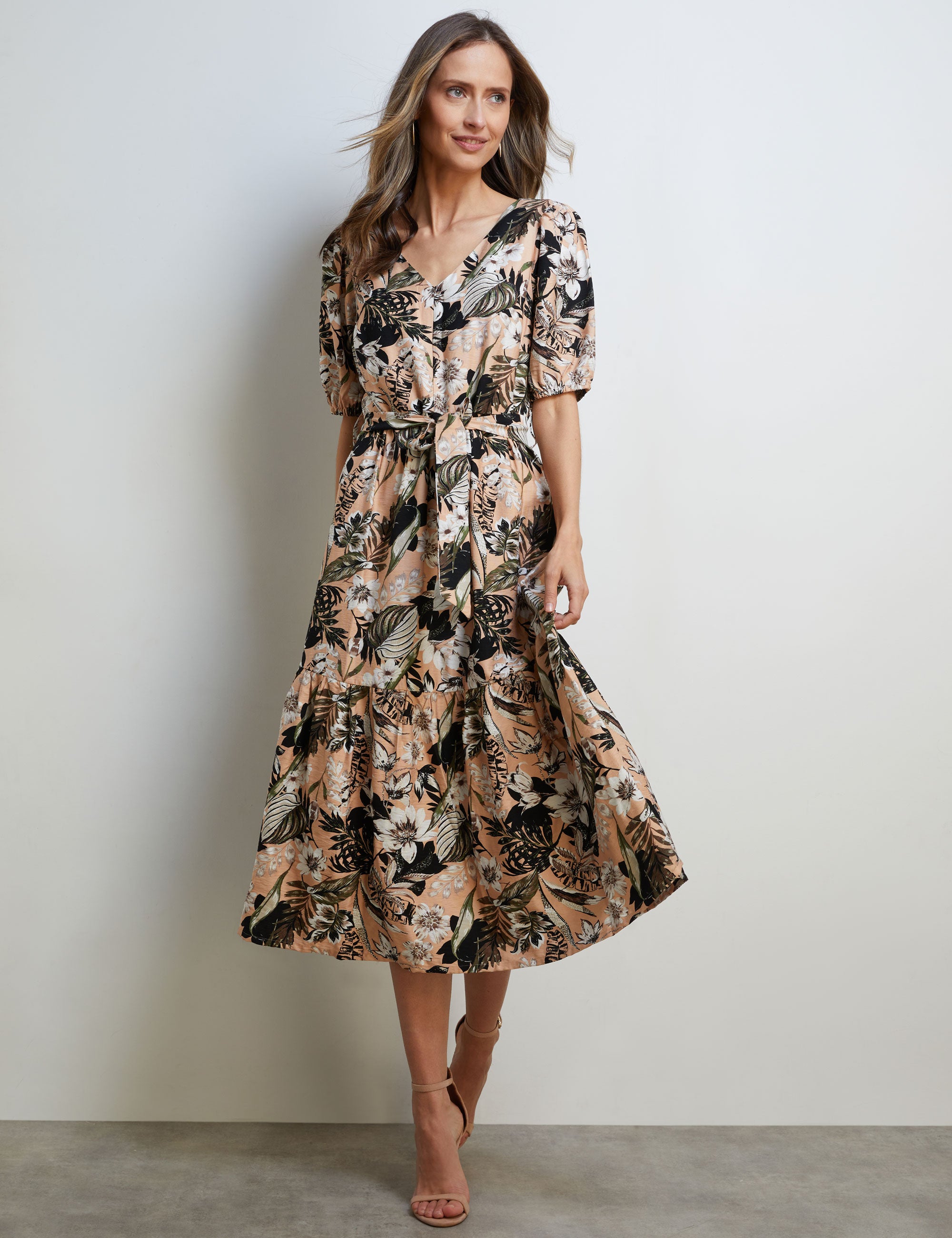 LEAF PRINT TIE WAIST DRESS Liz Jordan