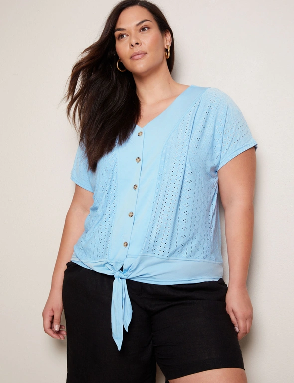 Autograph Knitwear Extended Sleeve Button Through Broderie Top, hi-res image number null