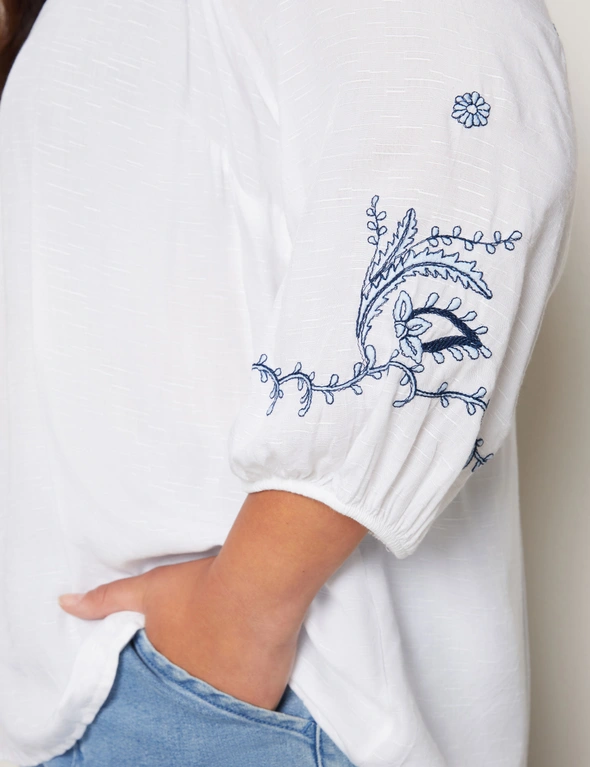 Autograph Woven 3/4 Sleeve Pintuck Embroidered Top, hi-res image number null