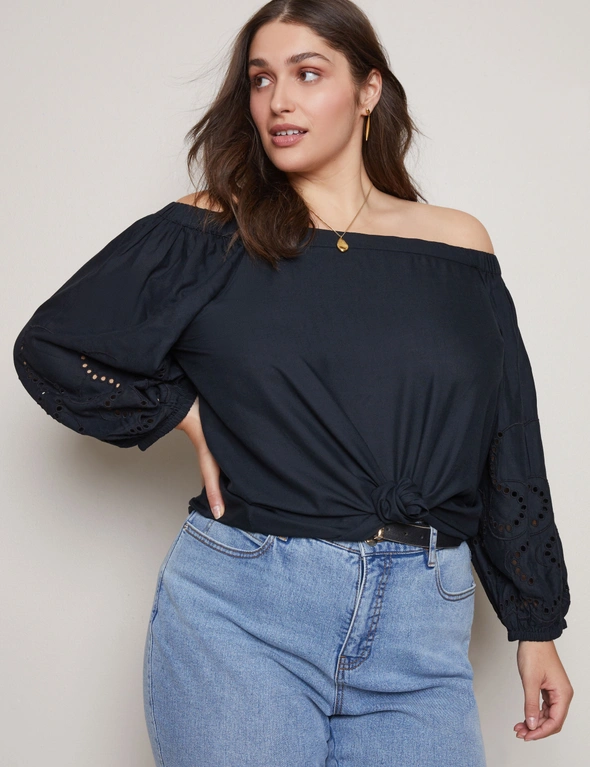 Autograph Woven Off The Shoulder Embroidered Top, hi-res image number null