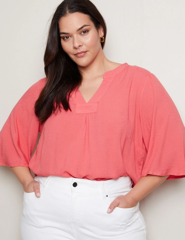 Autograph Elbow Sleeve Flutter Woven V Neck Top, hi-res image number null