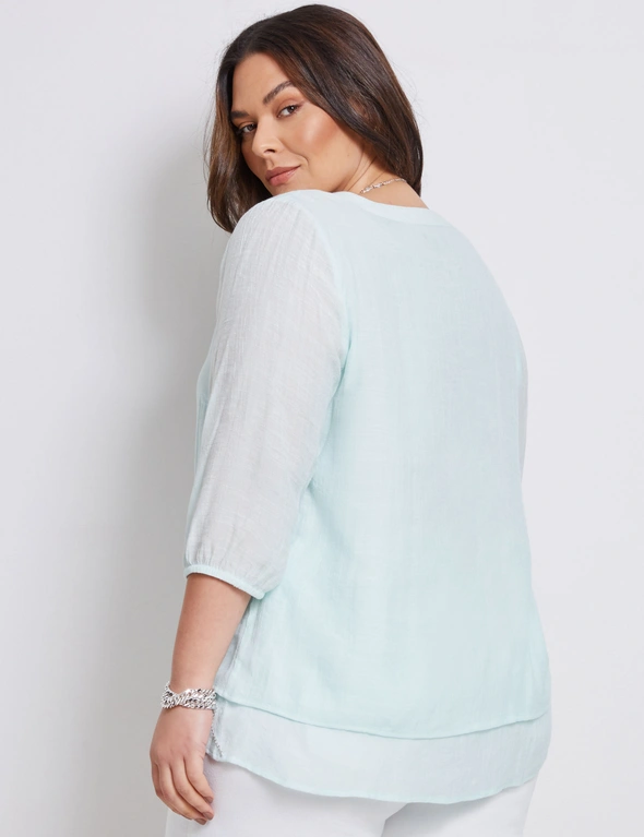 Autograph Woven 3/4 Sleeve Button V- Neck Top, hi-res image number null
