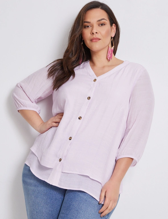Autograph Woven 3/4 Sleeve Button V- Neck Top, hi-res image number null