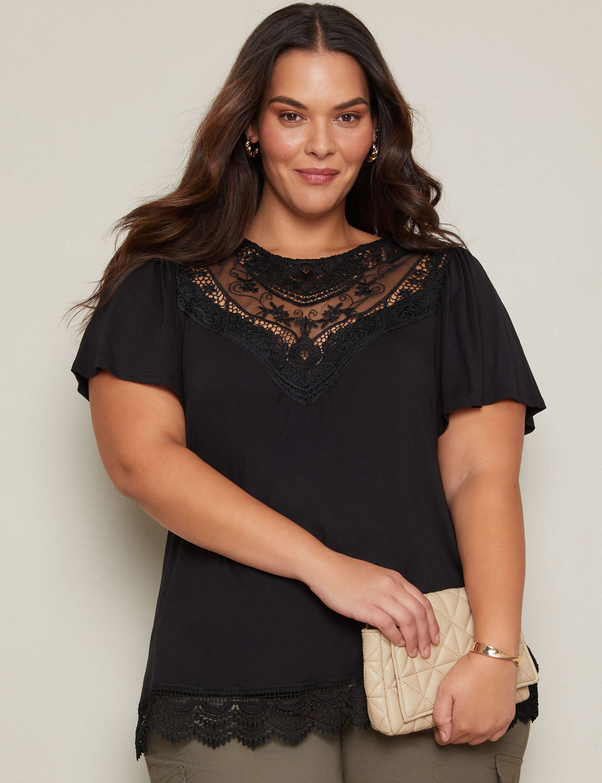 Autograph Flutter Short Sleeve Lace Trim Knit Top | Autograph