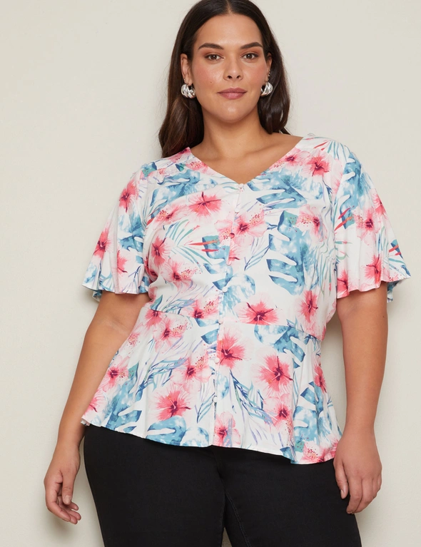 Autograph Short Sleeve Button Front Peplum Top, hi-res image number null
