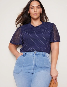Autograph Frill Sleeve Shirred Neck Mesh Top