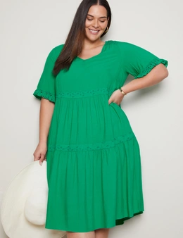 Autograph Broderie Trim Frill Sleeve Tiered Midi Dress