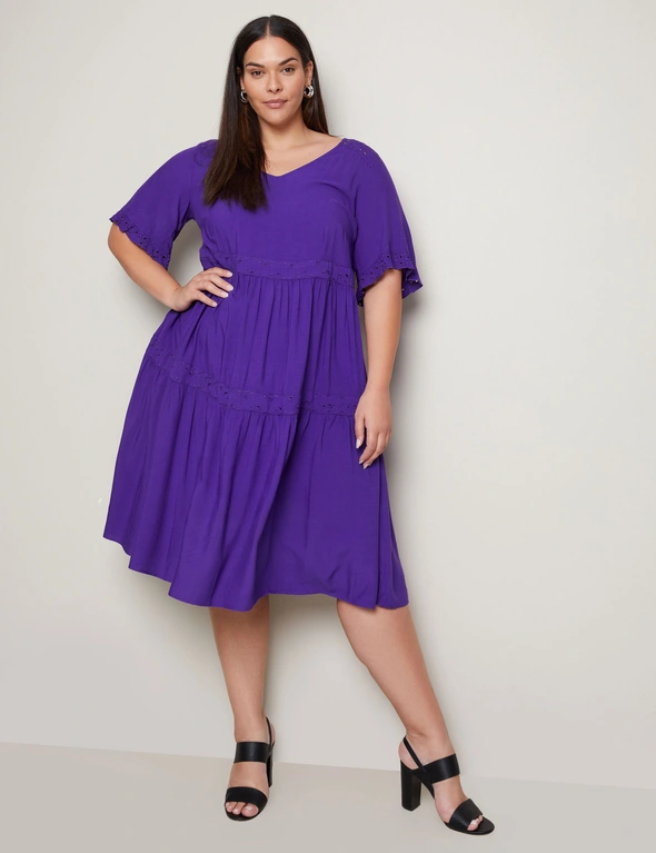 Autograph Broderie Trim Frill Sleeve Tiered Midi Dress, hi-res image number null