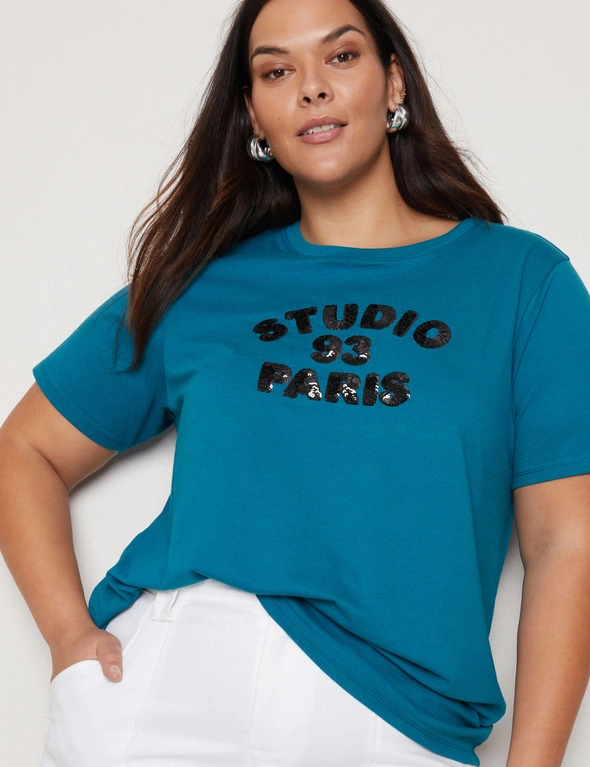 Autograph Short Sleeve Sequin Slogan Leisure Tee, hi-res image number null
