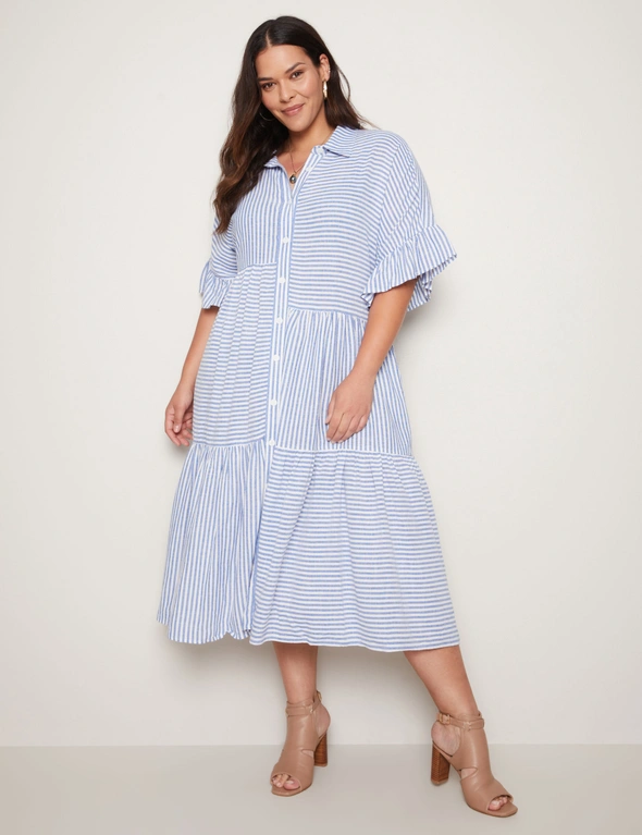 Autograph Elbow Sleeve Tiered Linen Blend Midi Shirt Dress, hi-res image number null
