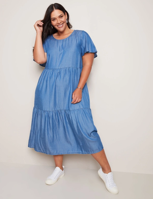 Autograph Woven Short Sleeve Tiered Lyocell Midi Dress, hi-res image number null