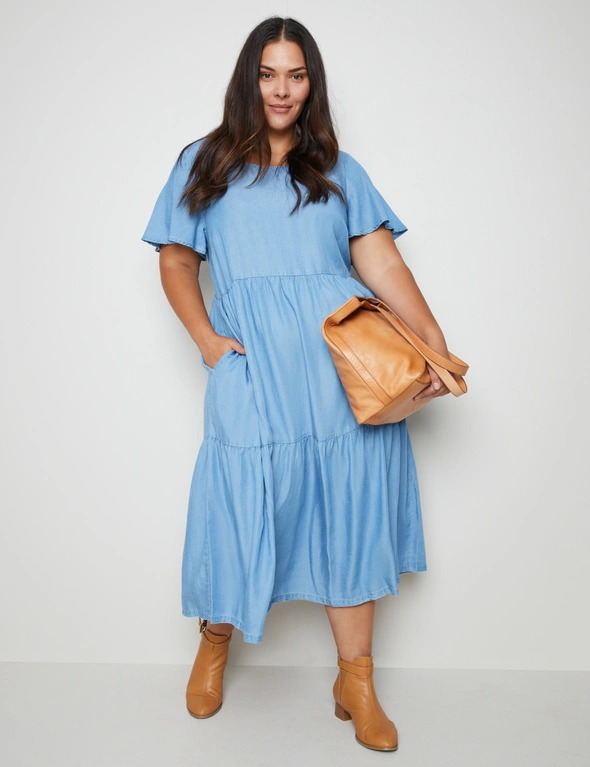 Autograph Woven Short Sleeve Tiered Lyocell Midi Dress, hi-res image number null