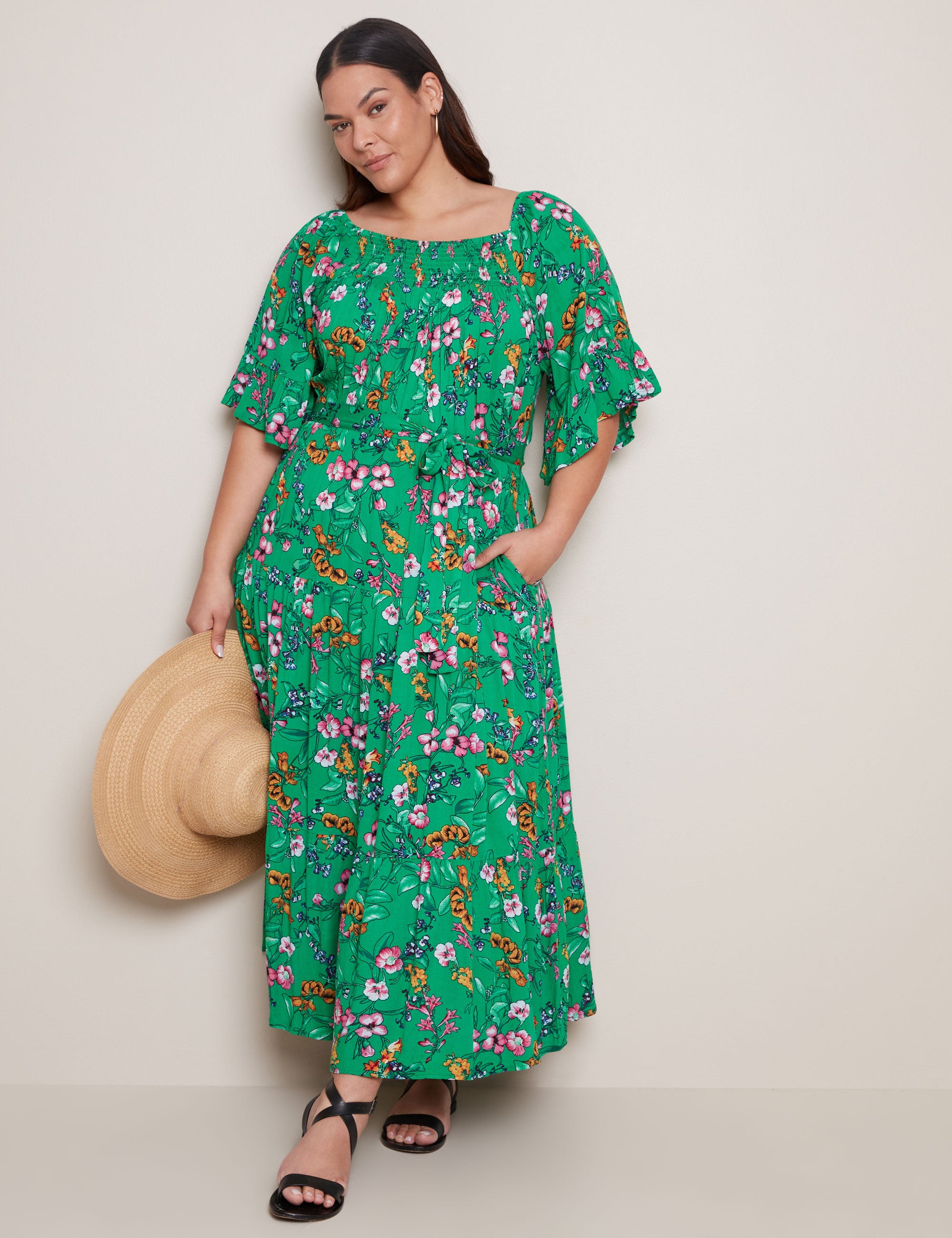 Autograph Elbow Sleeve Shirred Neck Maxi Dress | EziBuy Australia