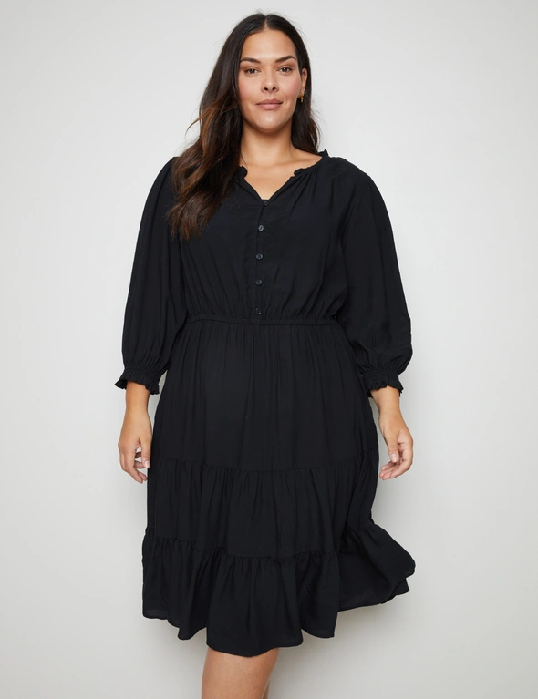 Autograph 3/4 Sleeve Notched Neck Button Tiered Midi Woven Dress, hi-res image number null