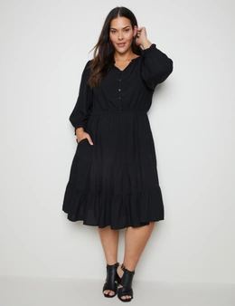 Autograph 3/4 Sleeve Notched Neck Button Tiered Midi Woven Dress