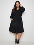 Autograph 3/4 Sleeve Notched Neck Button Tiered Midi Woven Dress, hi-res