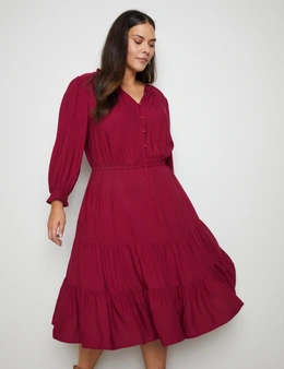 Autograph 3/4 Sleeve Notched Neck Button Tiered Midi Woven Dress