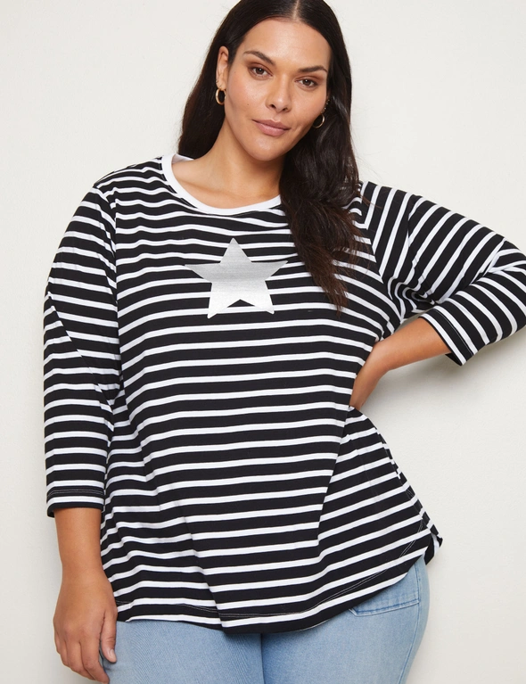 Autograph 3/4 Sleeve Stripe Novelty Top, hi-res image number null
