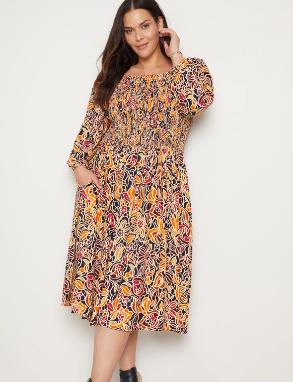 Autograph 3/4 Sleeve Shirred Woven Midi Dress, hi-res image number null