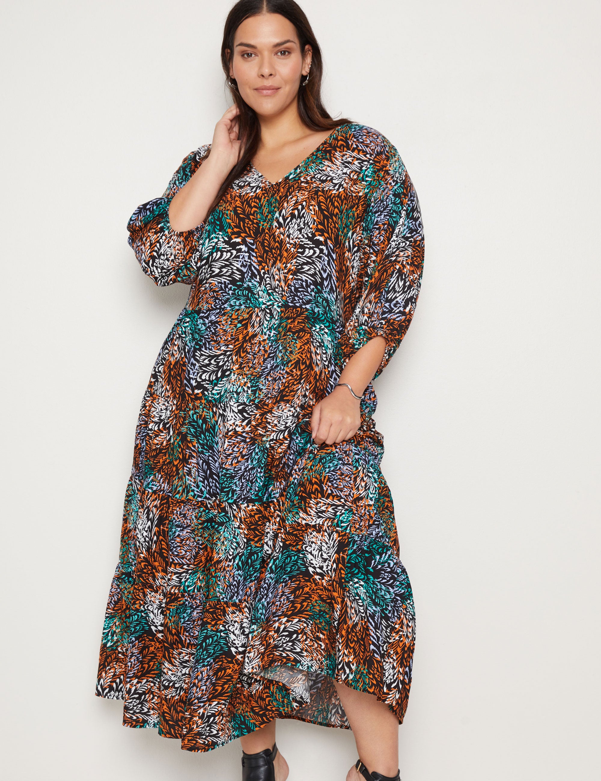 Autograph V Neck 3/4 Sleeve Tiered Maxi Woven Dress | W Lane