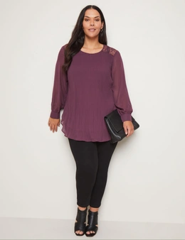 Autograph Long Sleeve Pleated Peplum Lace Detail Top