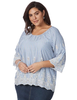 Beme 3/4 Sleeve Stripe Embroidered Top