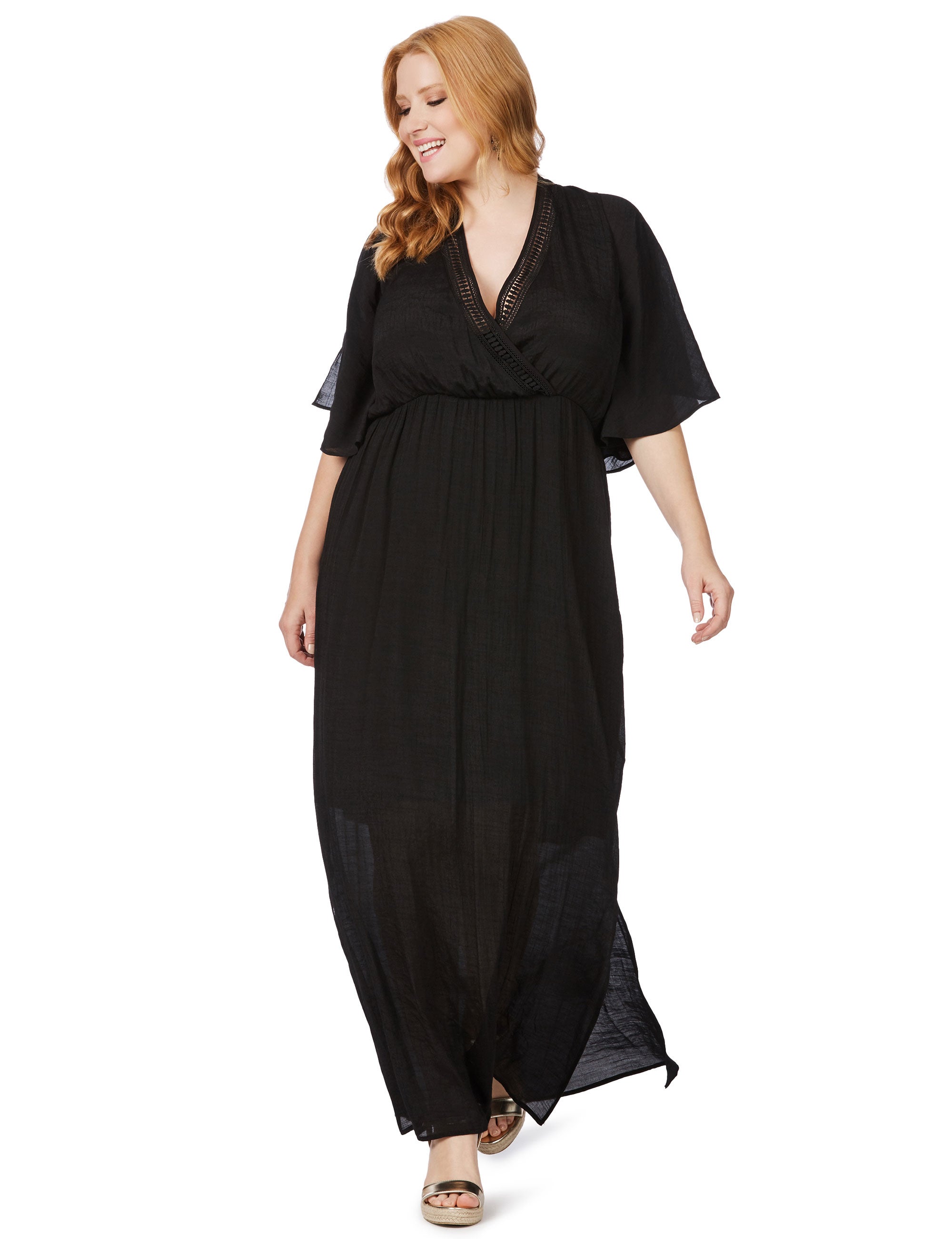 Beme Elbow Sleeve V Neck Lace Trim Maxi Dress | Crossroads