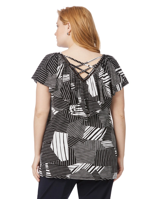 Beme Short Sleeve Frill Neck Top Mono Geo, hi-res image number null