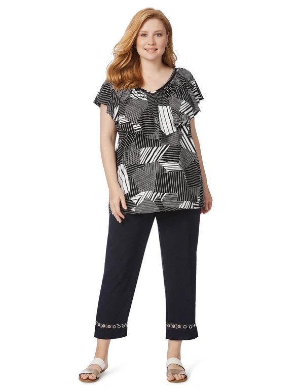 Beme Short Sleeve Frill Neck Top Mono Geo, hi-res image number null