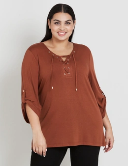 Beme Elbow Sleeve Lace Up Shirt Style Top