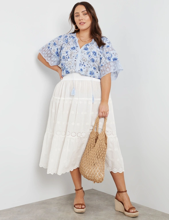 Beme Short Sleeve Woven Lace Trim Peasant Top, hi-res image number null