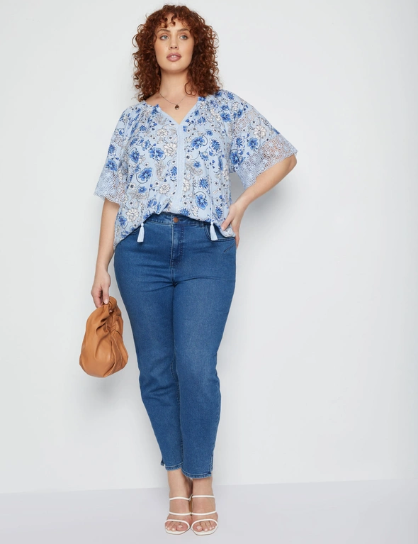 Beme Short Sleeve Woven Lace Trim Peasant Top, hi-res image number null