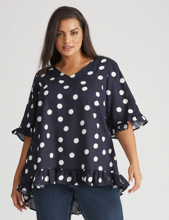 Beme Elbow Sleeve Linen Frill Button Detail Top, hi-res image number null