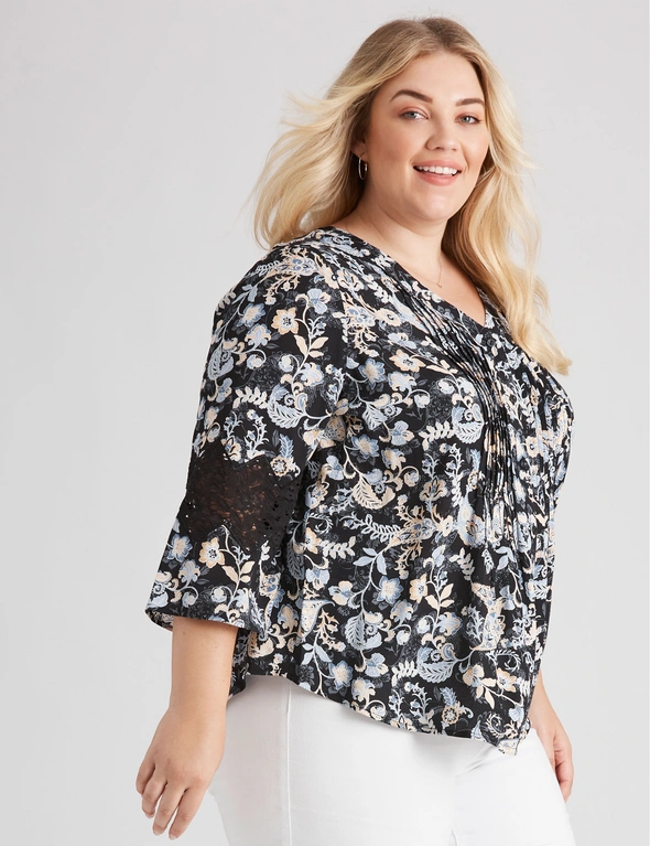 Beme 3/4 Sleeve Lace Insert Pintuck Blouse, hi-res image number null