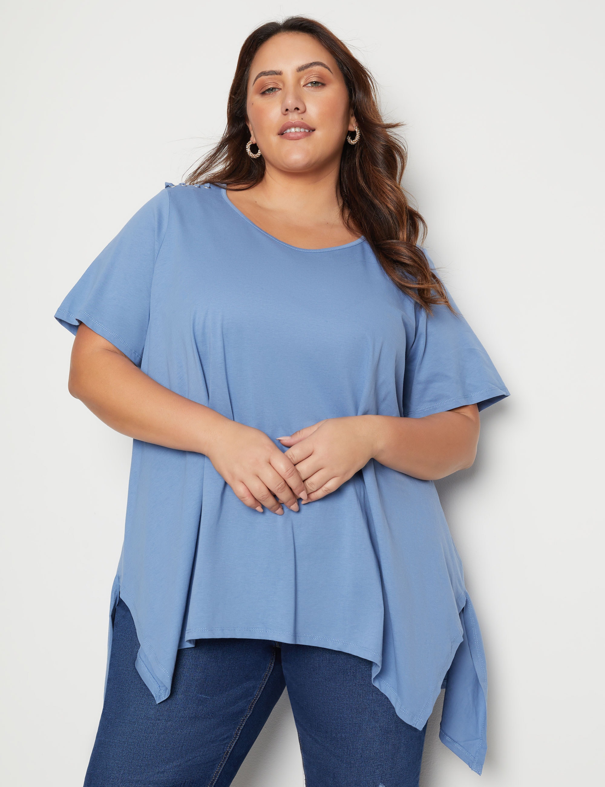 BeMe - Plus Size - Womens Tops - Short Sleeve Knitwear Eyelet Detail Top