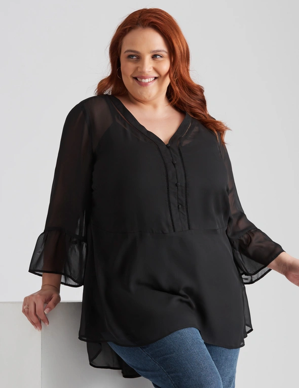 Beme 3/4 Frill Sleeve Peplum High-Low Top, hi-res image number null
