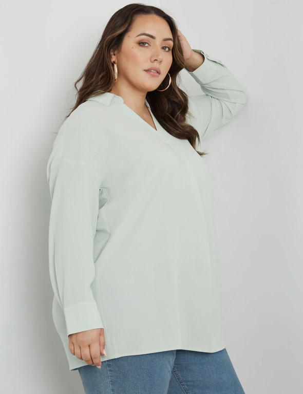 Beme Long Sleeve Collar V Neck Tunic Woven Top, hi-res image number null