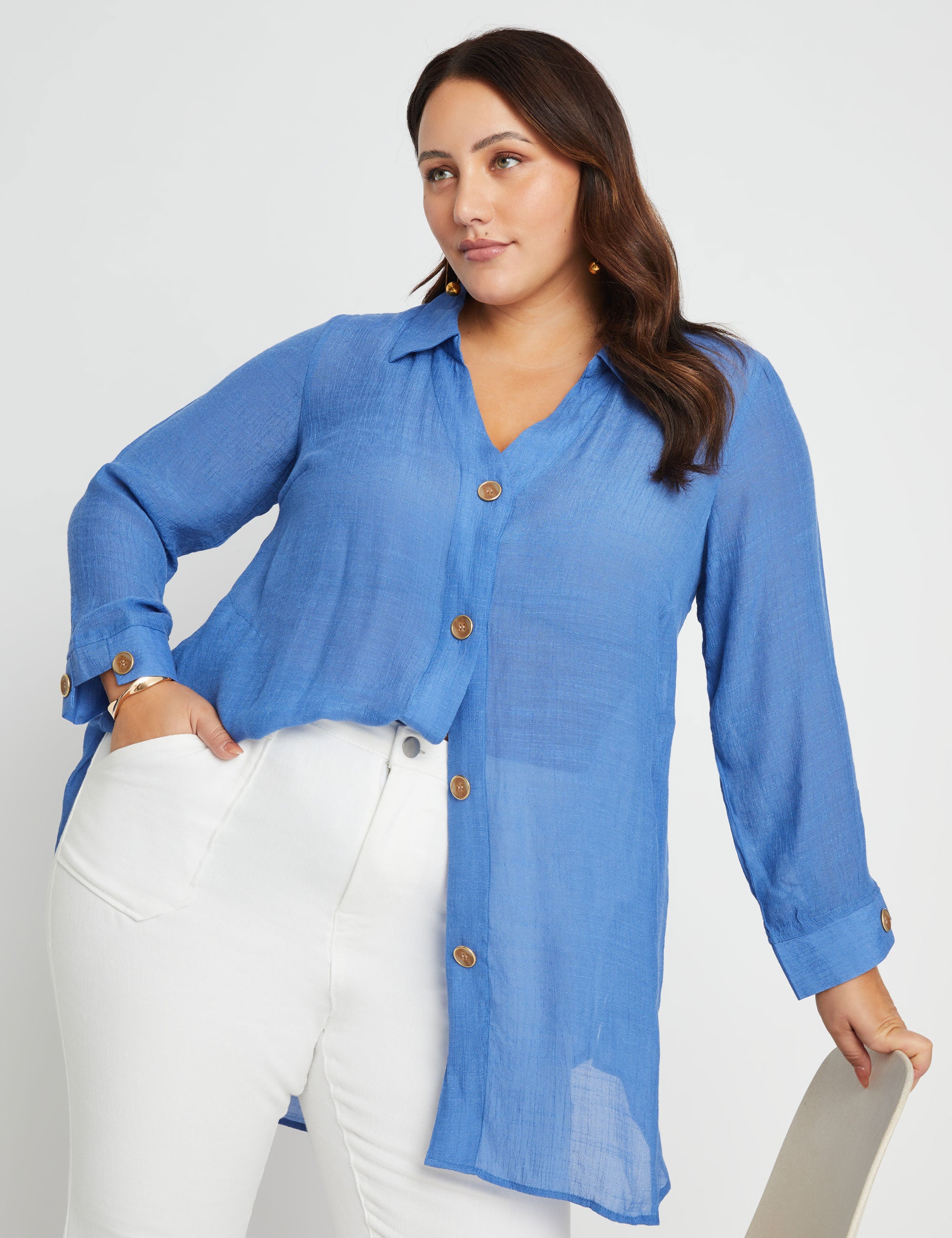 BeMe - Plus Size - Womens Tops - Woven Roll Up Sleeve Double