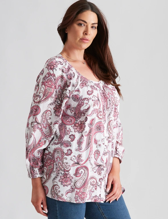 Beme Long Sleeve Printed Button Front Woven Peasant Top, hi-res image number null