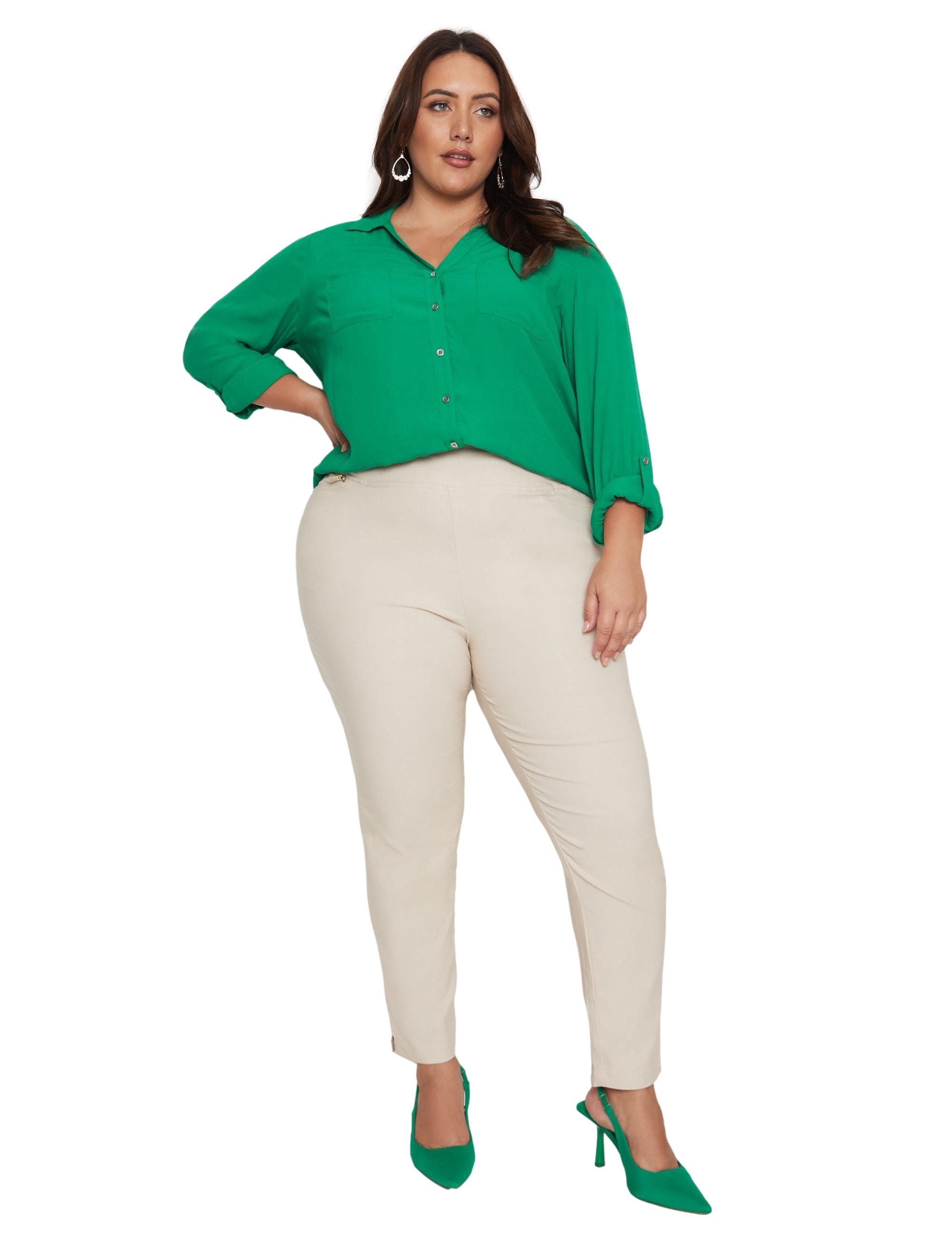 BeMe - Plus Size - Womens Pants - Beige Summer Full Length - Slim