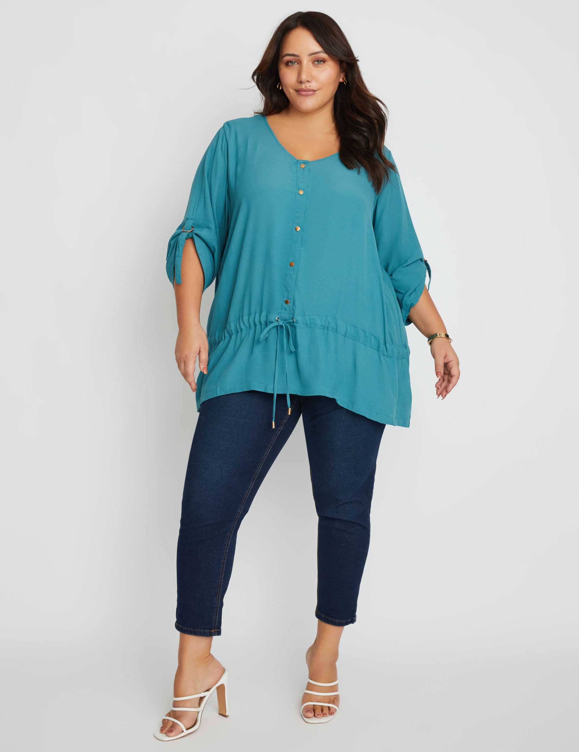 BeMe - Plus Size - Womens Tops - Extended Sleeve Woven Asymetric Shirt 