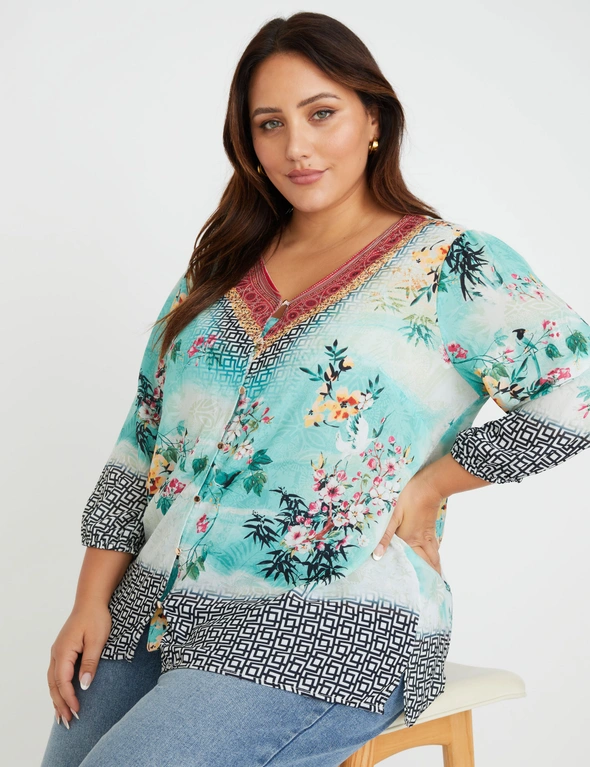 Beme 3/4 Sleeve Button Thru Tunic Woven Top, hi-res image number null