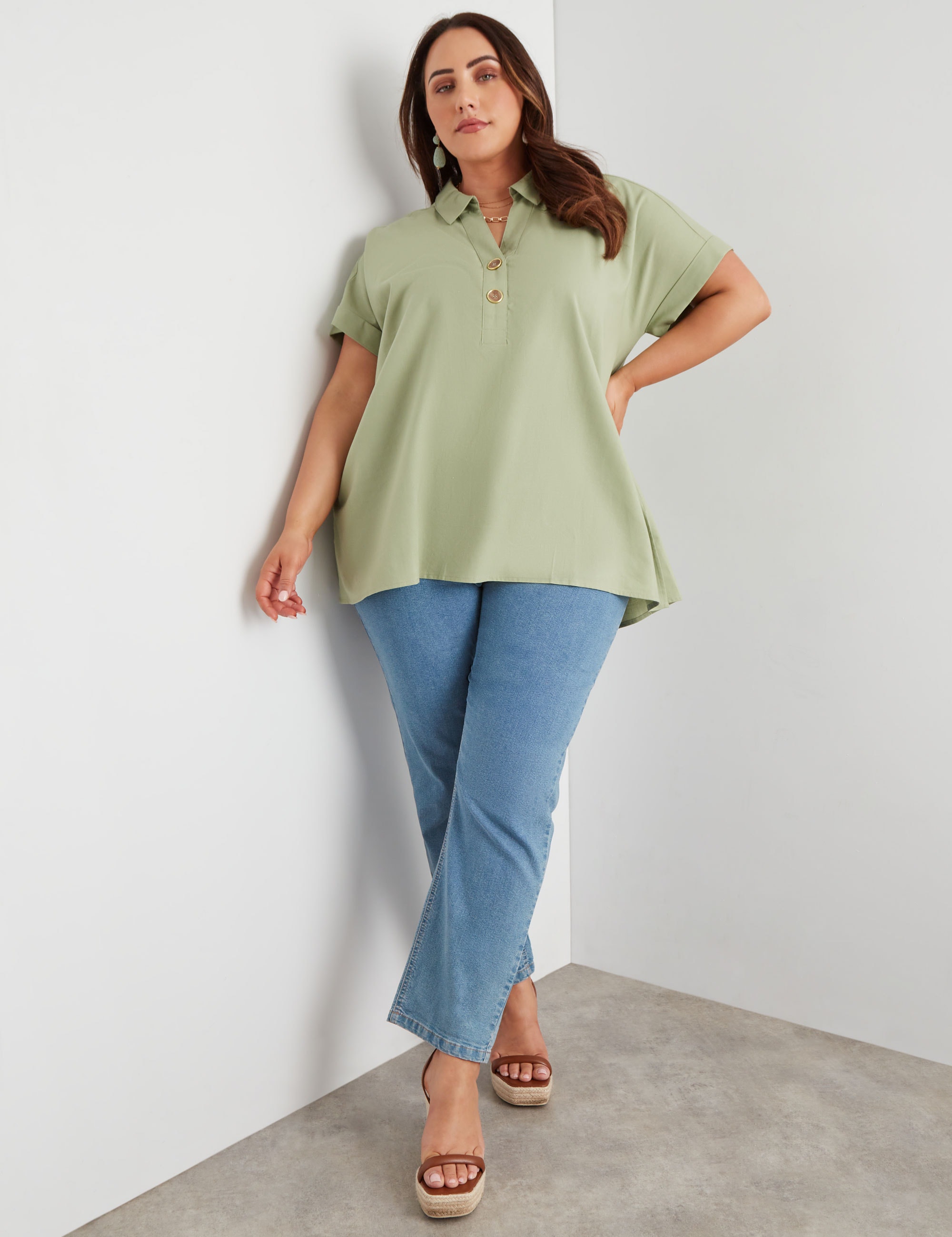 BeMe - Plus Size - Womens Tops - Extend Sleeve Button Detail Woven