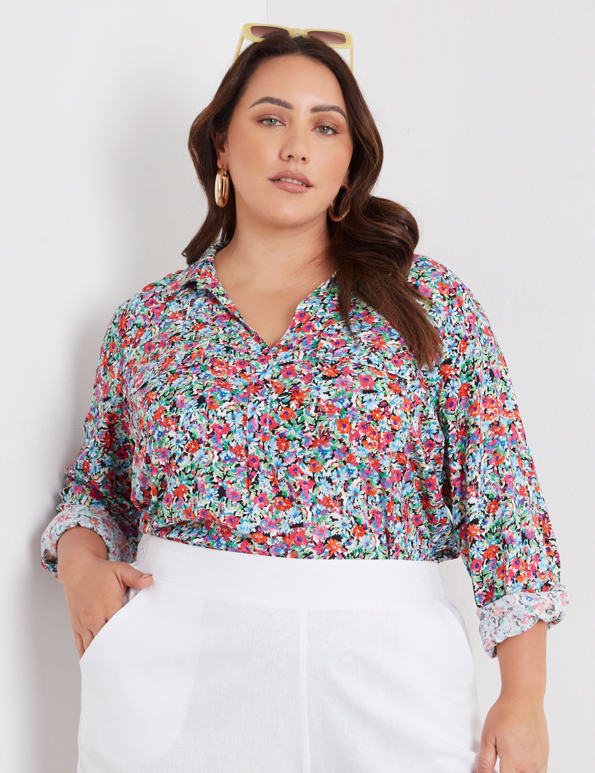 BeMe - Plus Size - Womens Tops - Woven Roll Up Sleeve Double