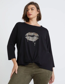 Beme 3/4 Sleeve Knot Front Placement Print Tee