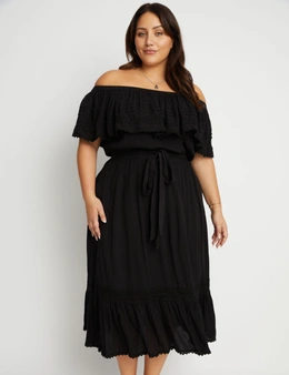 Beme Off The Shoulder Tiered LaceDetail Woven Midi Dress