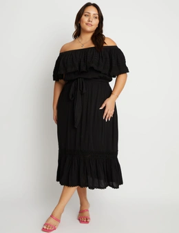 Beme Off The Shoulder Tiered LaceDetail Woven Midi Dress