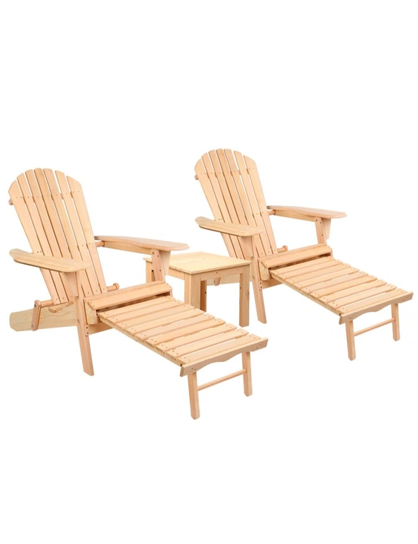 Gardeon 3PC Adirondack Outdoor Table and Chairs? Wooden Sun Lounge Beach Patio Natural, hi-res image number null