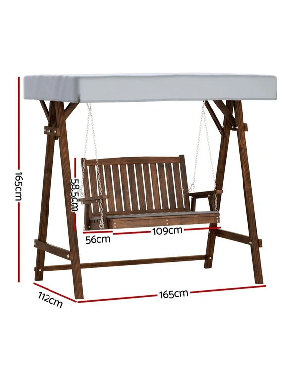 Gardeon Outdoor Wooden Swing Chair Garden Bench Canopy Cushion 2 Seater Charcoal, hi-res image number null