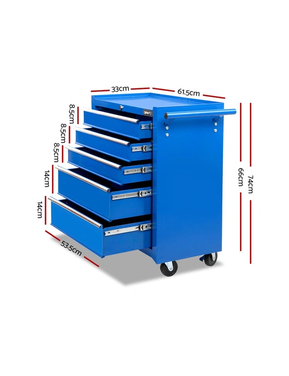 Giantz 5 Drawer Tool Box Cabinet Chest Trolley Box Garage Storage Toolbox Blue, hi-res image number null
